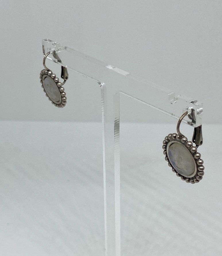 Kirks Folly Moon Face Earrings Iridescent Silvertone Leverback Signed Celestial