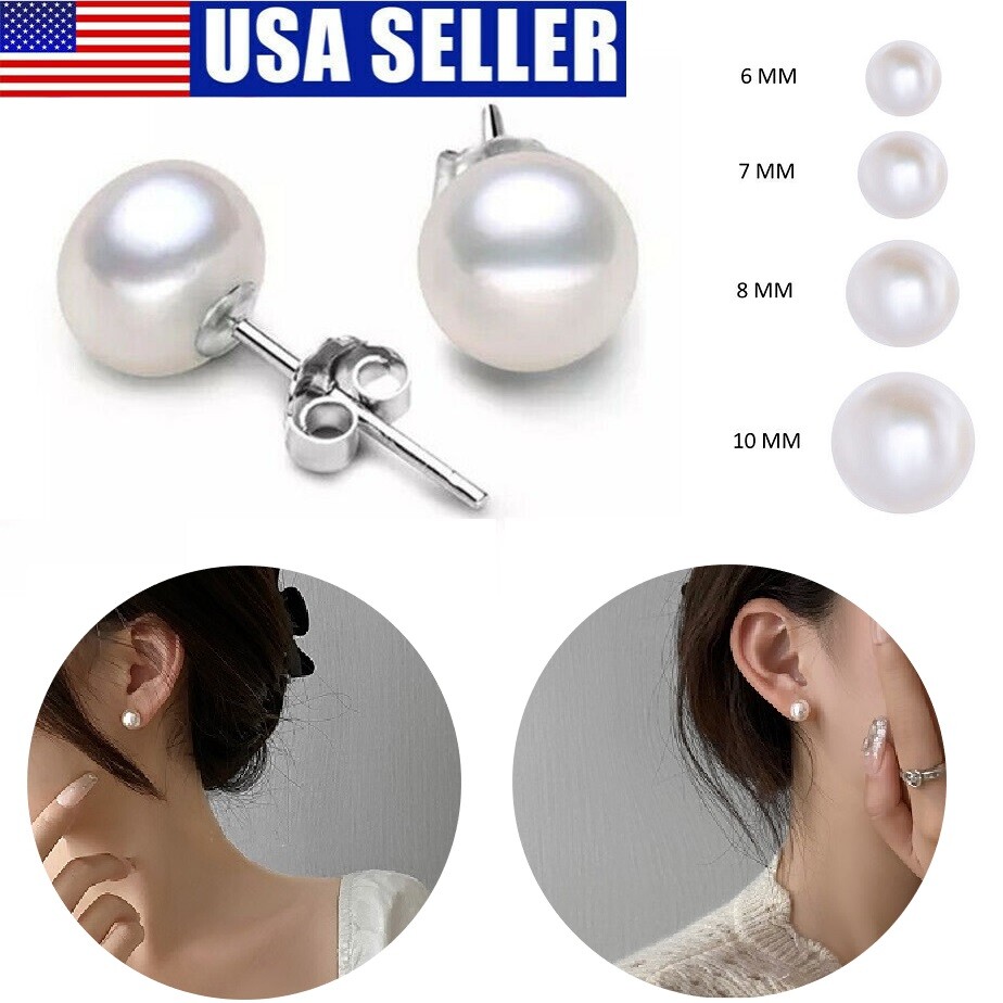 Genuine Cultured Freshwater White Pearl Stud Earrings Gift 925 Sterling Silver