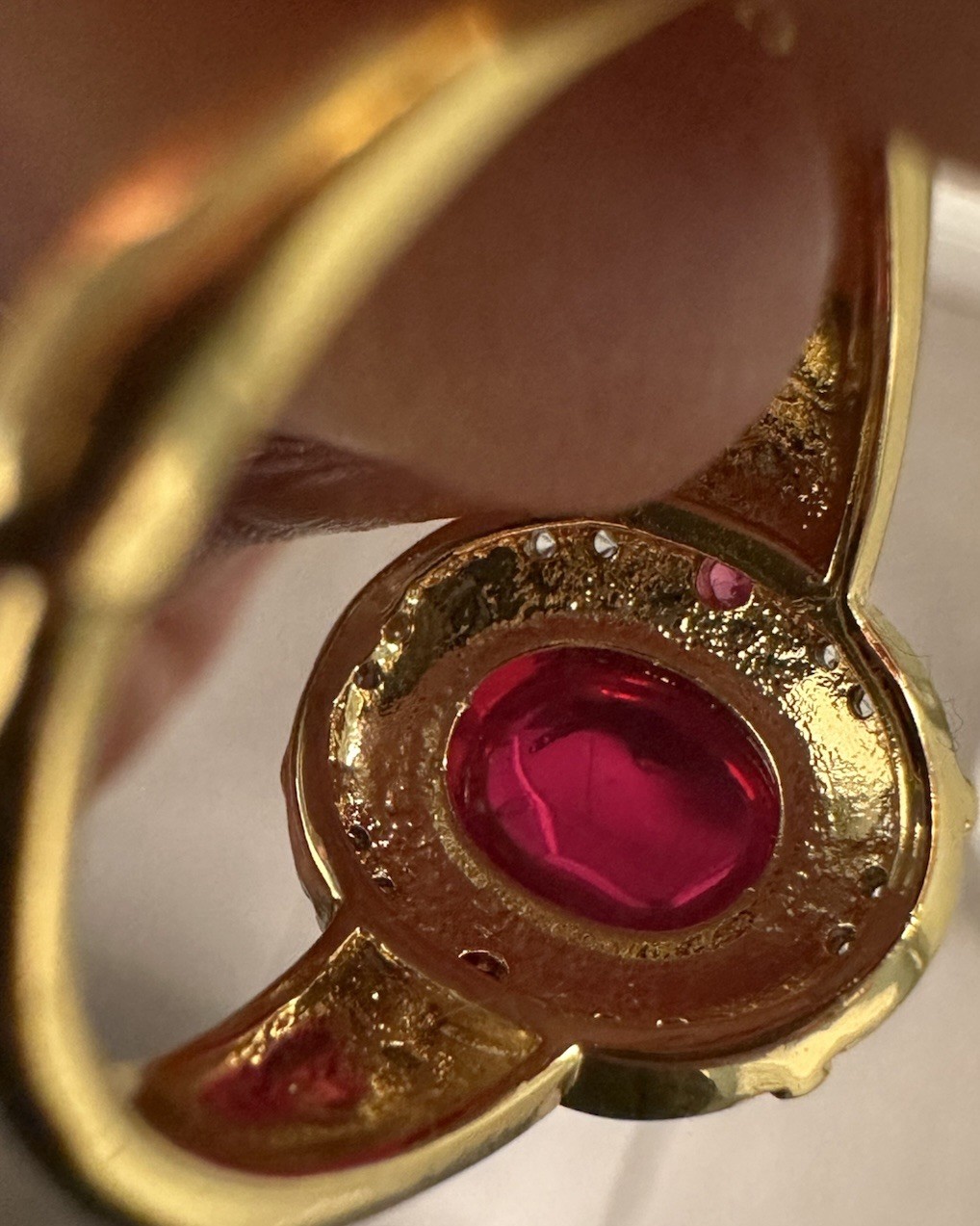 Yellow Gold Cocktail Ring Star Ruby Red Cabochon Prong Set, Size 8.5 Adjustable