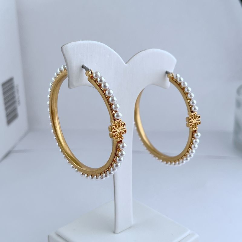 New Burch Pearl Hoop Double T Logo Earrings with Jewelry Pouch Size:5.2*5.2cm