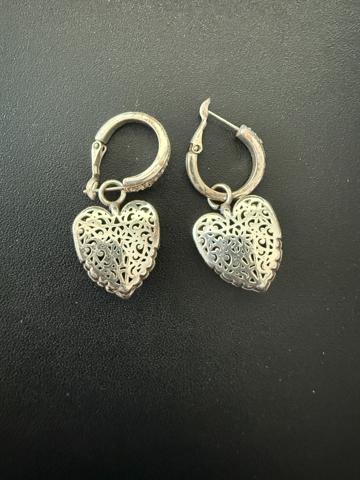 Brighton Silver Tone Heart Rhinestone Earrings Very Good Condition