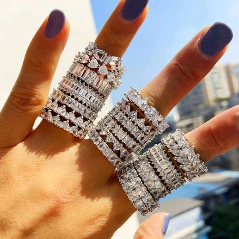 925 Sterling Silver Eternity Band Women Zircon Prong Setting Engagement Jewelry