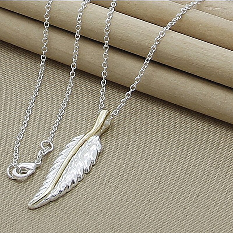 Stylish Fashion 925 Sterling Silver Leaves Feather Pendant Necklace Chain