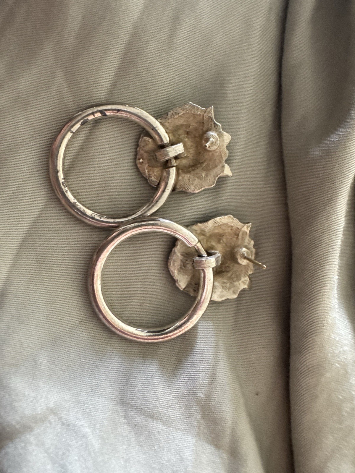 Silver Tone Clip-On Hoop Earrings Lion Head & Textured Ball Drop Dangle