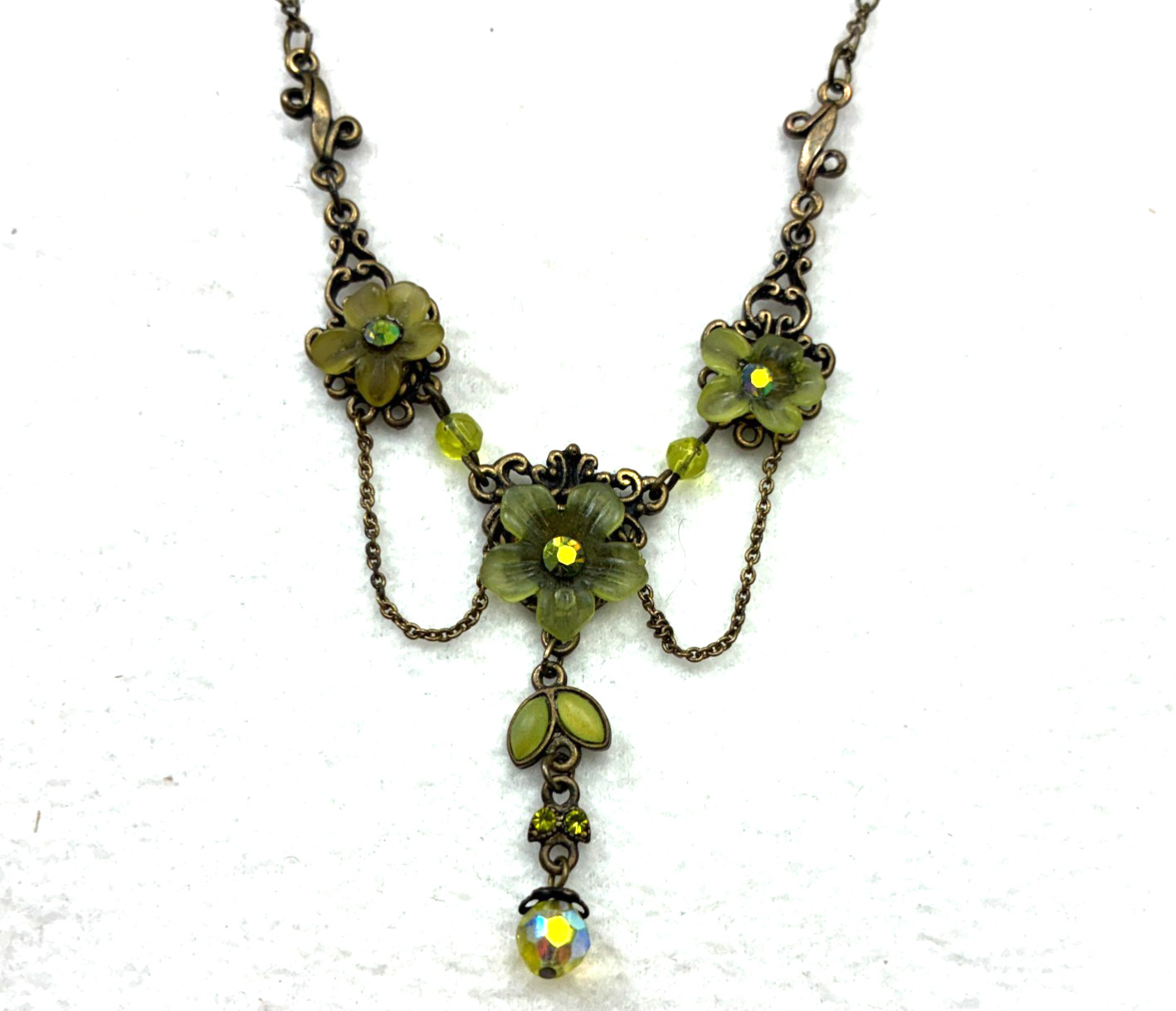 VTG Michal Negrin Green Enamel Floral Rhinestones Necklace Bib Shabby Chic Boho