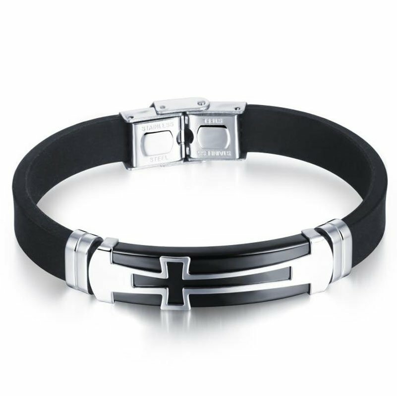 MENDEL Mens 8 Inch Stainless Steel Christian Silicone Cross Bracelet Wristband