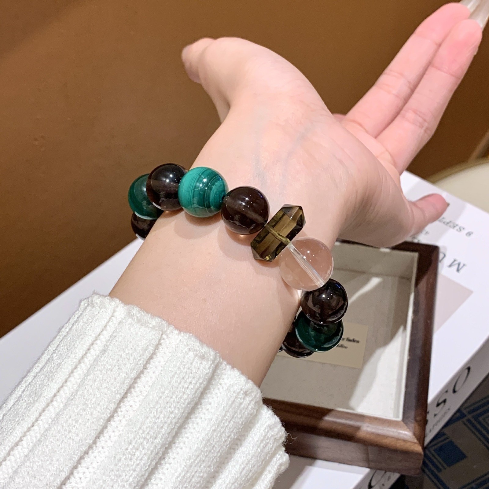 Natural Smoky Quartz Clear Crystal Malachite 12-14mm Stretch Bracelet Gift