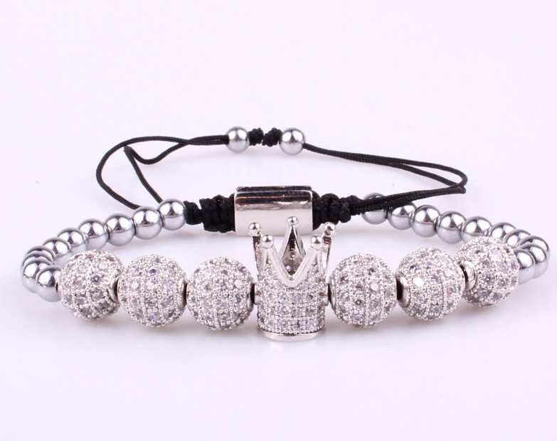 Micro Pave CZ Crown Bead Bracelet Adjustable Braided Cord Shiny Silver Wrist Jew
