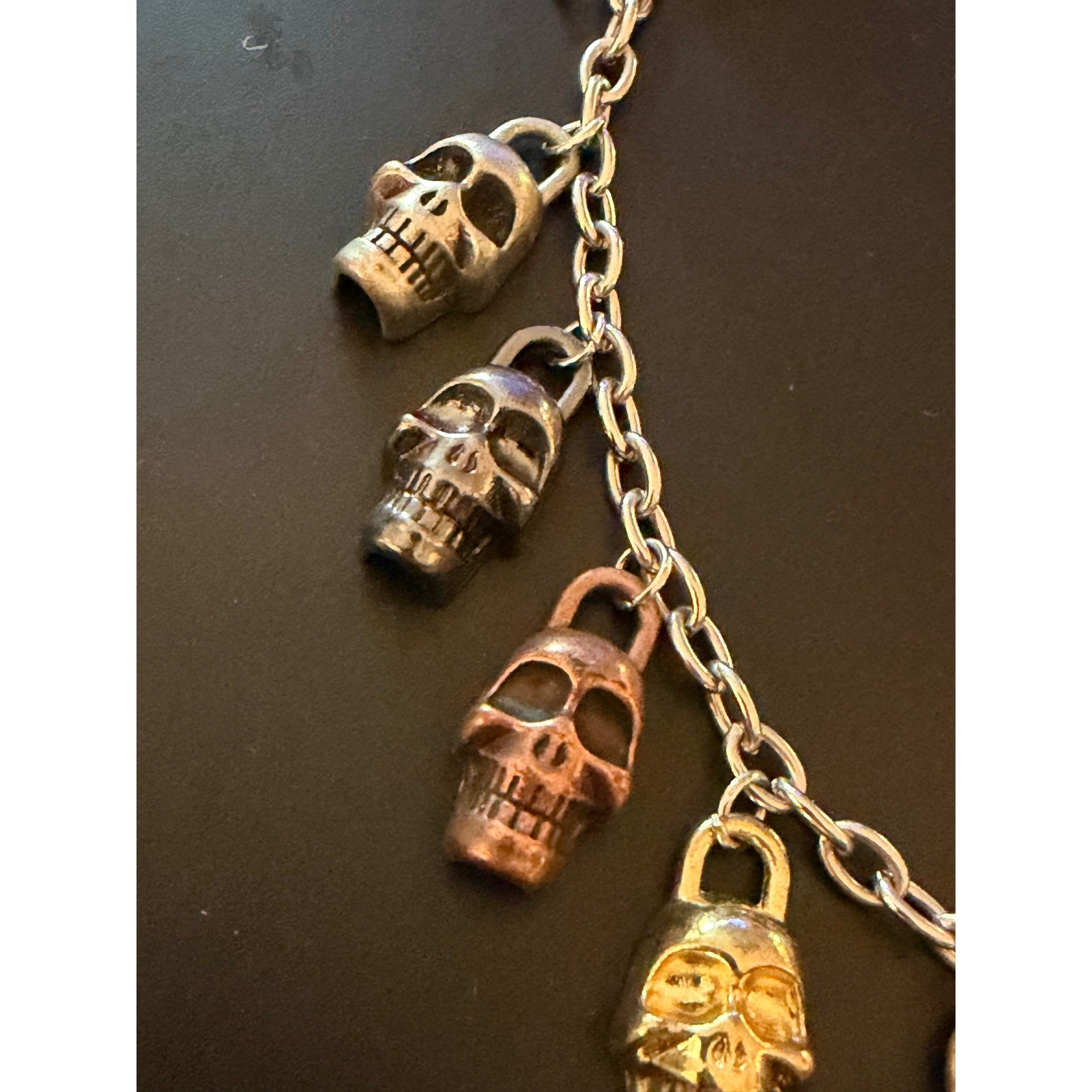 Mixed Metal Skull Padlock Charm Bracelet Silver Gold Copper Gothic Biker 8.5in