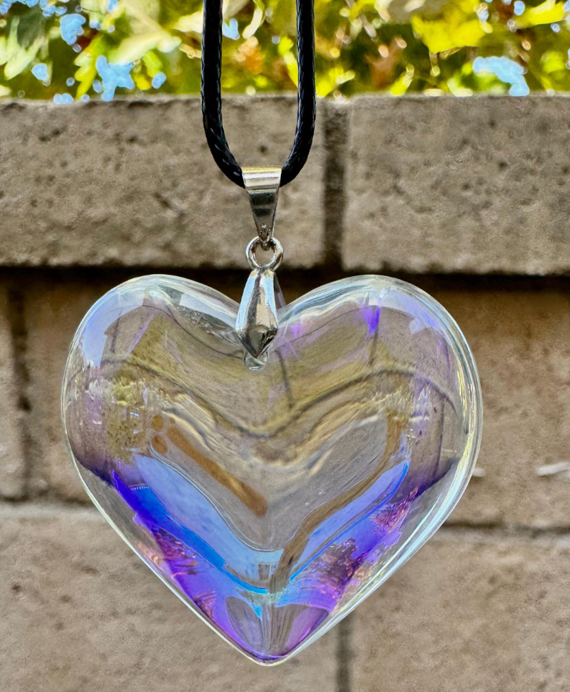 Iridescent Heart Necklace Puffy Heart Pendant Glass Charm Heart Choker Gift