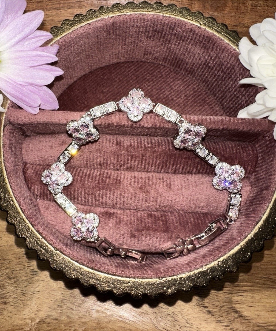 925 Silver Pink Crystal Clover Flower Link Bracelet Lobster Clasp