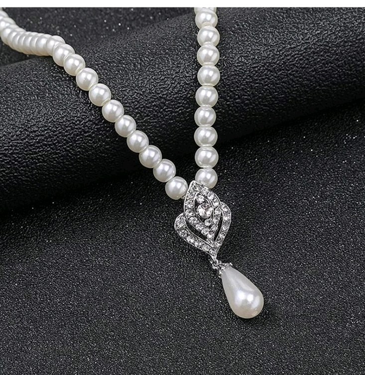 4 Piece Pearl Bridal Set With Necklace Earings And Flower Broch Pin Silver