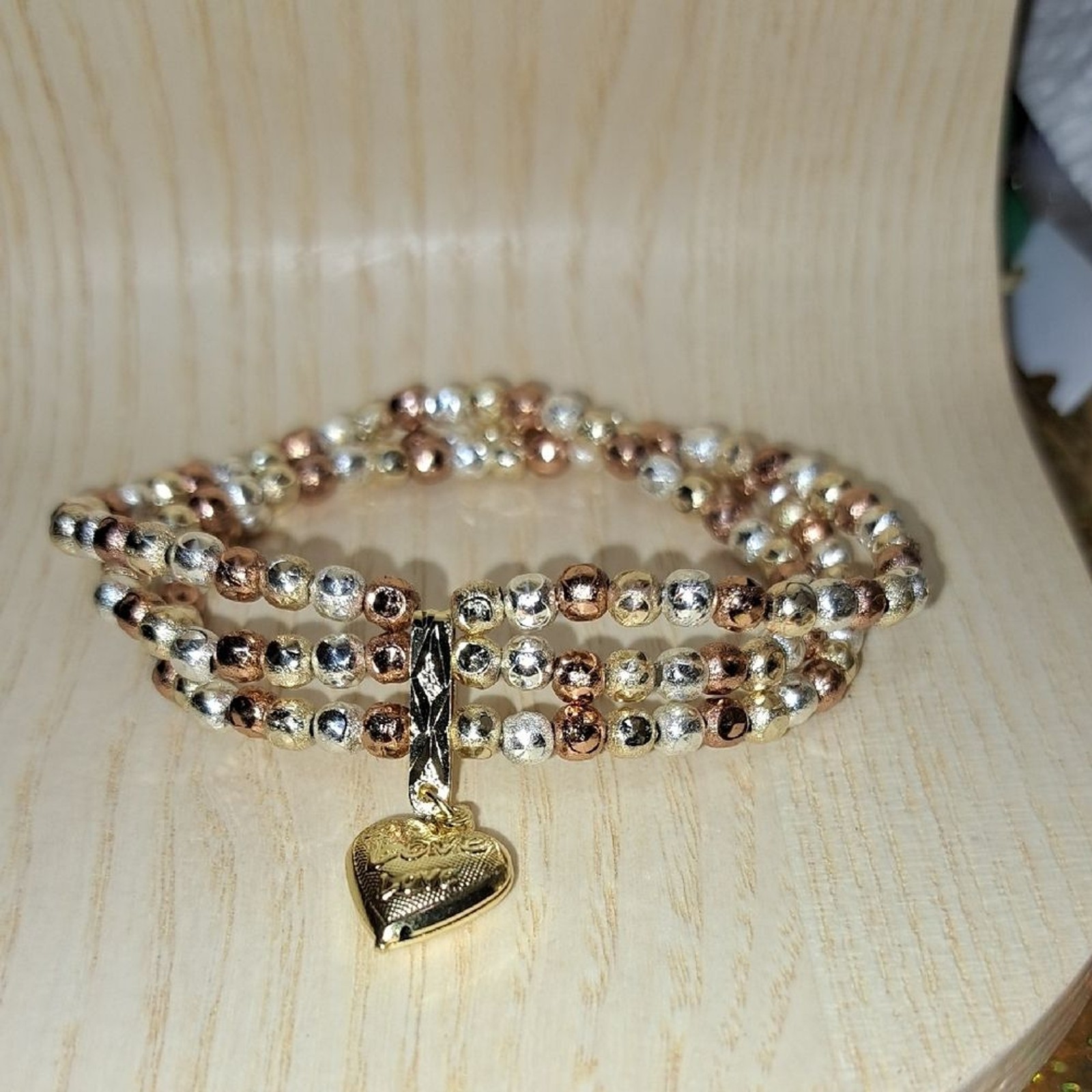 Rose Gold ,Silver And Gold Matte Beaded Heart Charm Bracelet
