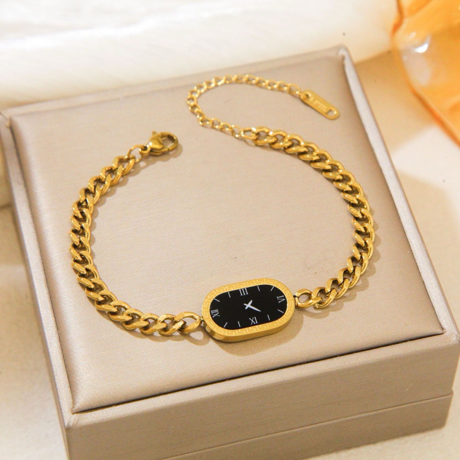 Gold Plated Titanium Curb Link Bracelet Roman Numeral Oval Charm Gold/Black