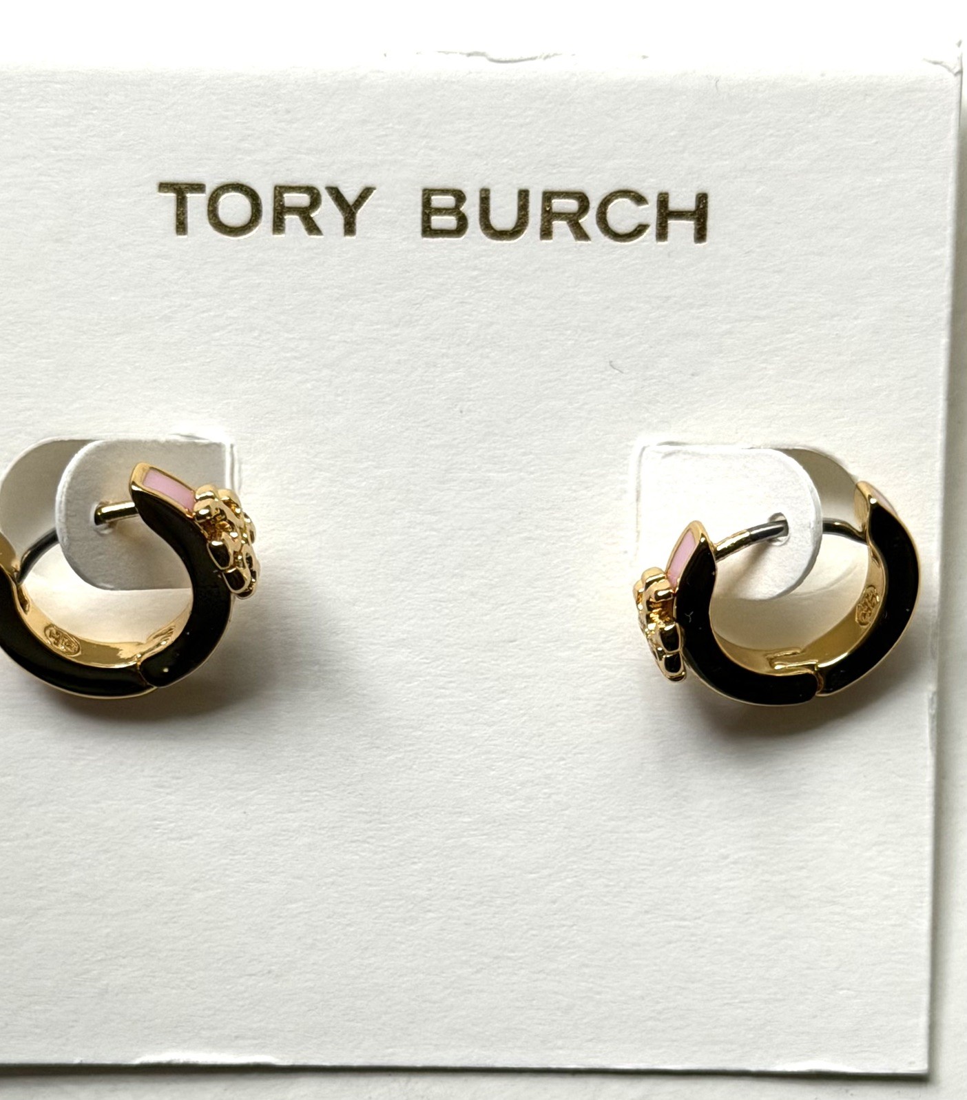Tory Burch Gold RARE Metal Enamel Hoop Earrings Hinged Closure Round Lobe PINK