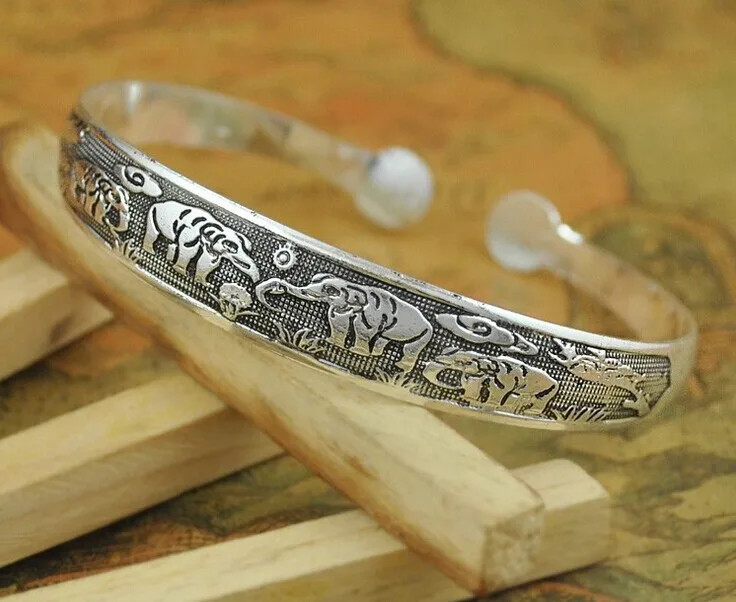 Classi Cuff Bracelet Tibetan Silver Plated Carved Flower Animal Opening Bangle