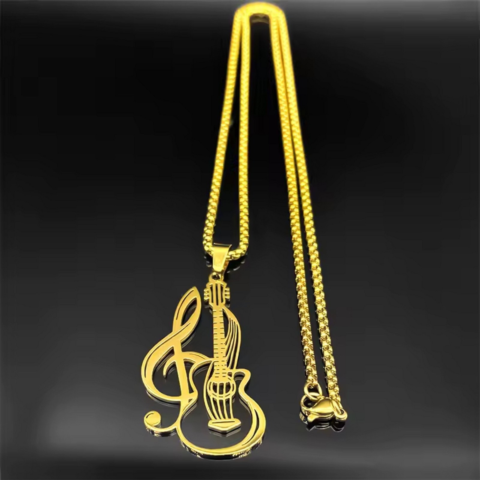 Guitar Necklace Gold PVD 316L Stainless Steel Music Bass Pendant Mens Womens
