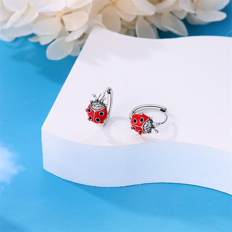 PANDACH 925 Sterling Silver Madonna Ladybug Huggie Earrings For Women Hoops Gift
