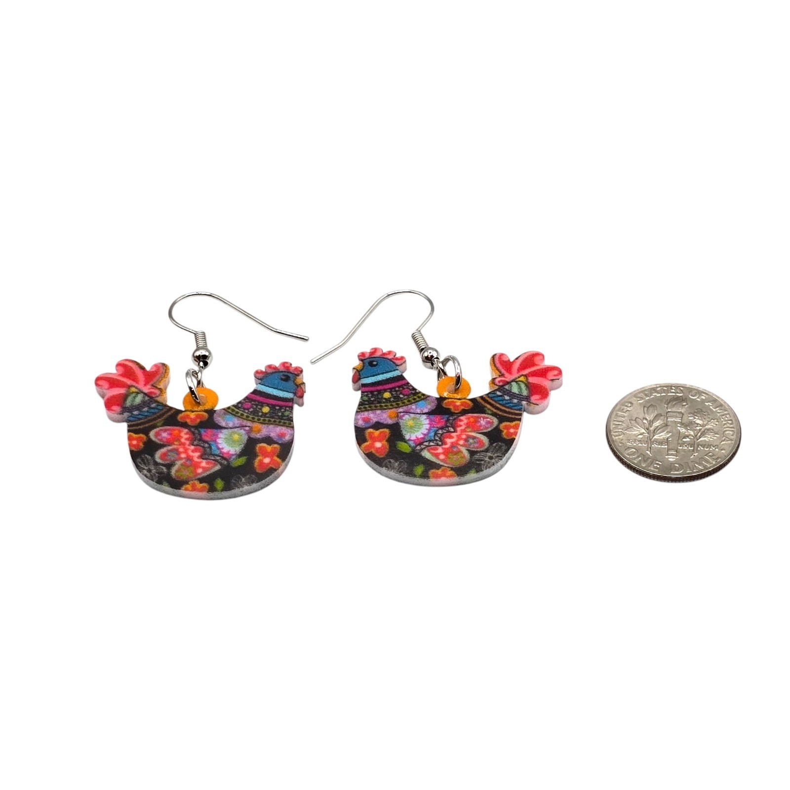 Earrings Hens Colorful Acrylic Chicken Dangle Novelty Fun Pierced SKU 3075