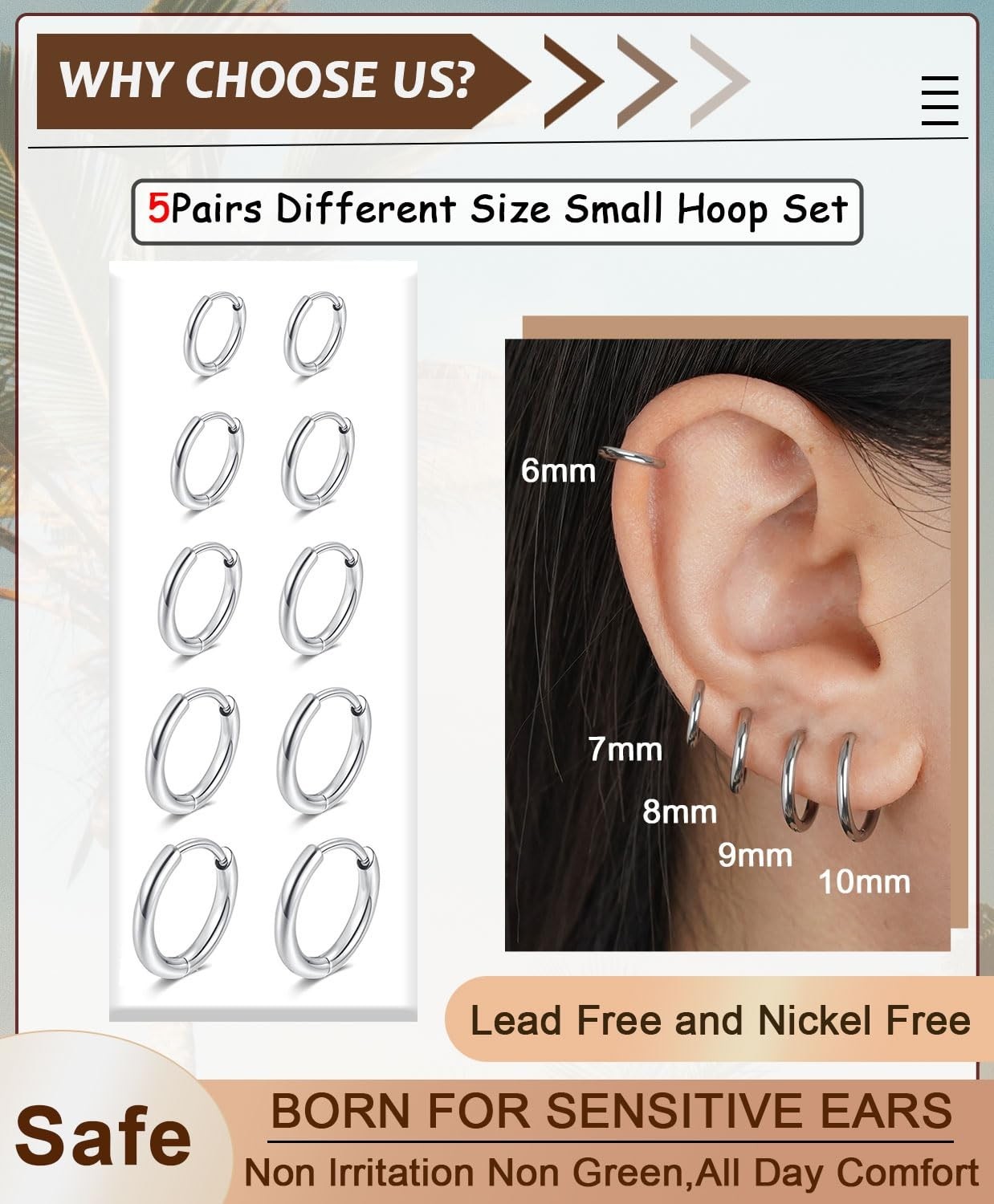 6mm-10mm Surgical Steel Huggie Hoop Earrings Flat Back Stud Set Piercing Jewelry