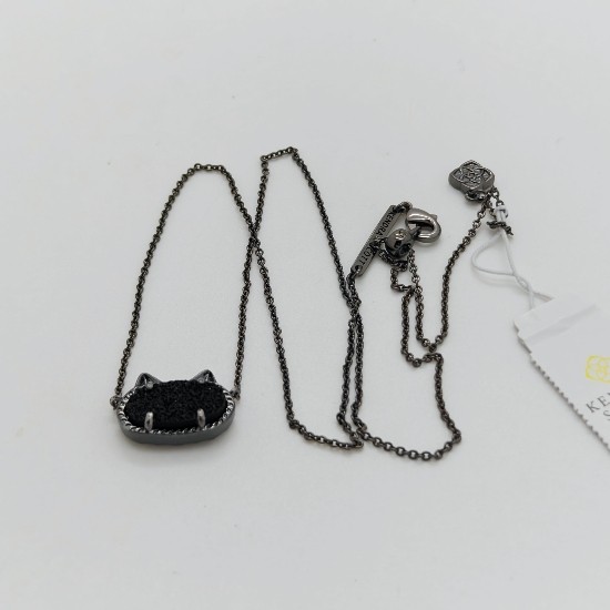 Kendra Scott Elisa Cat Kitty Gunmetal Pendant Necklace In Black Drusy