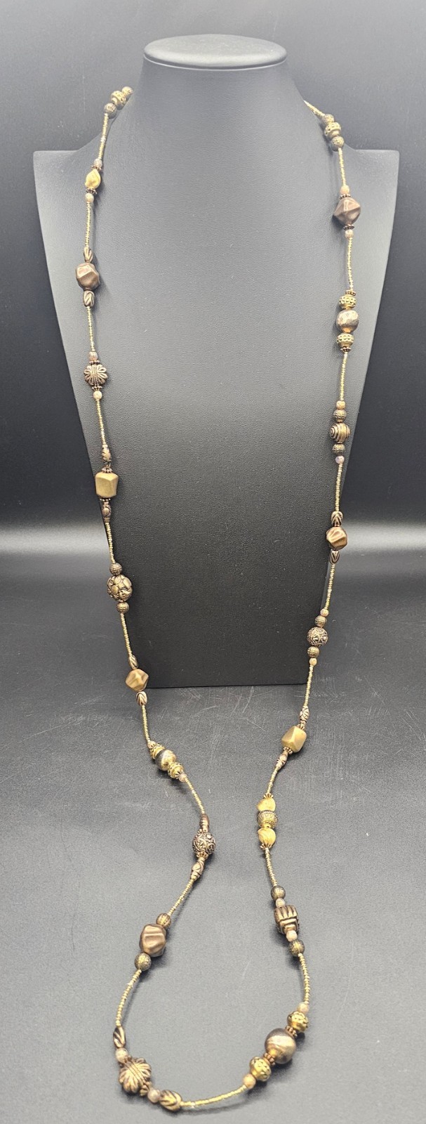 MEIFA Long Gold Tone Beaded Necklace 36″ Antiqued Bronze Mixed Metal Boho