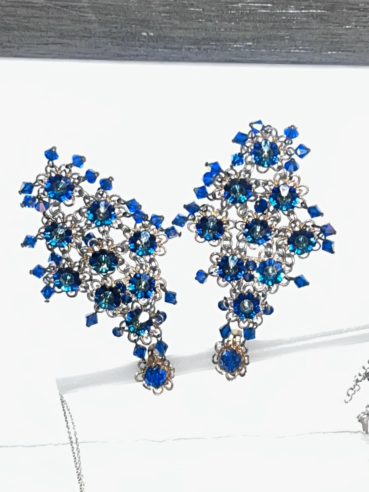 Vintage Signed IND ARG Blue Crystal Clip-On Chandelier Dangle Earrings,