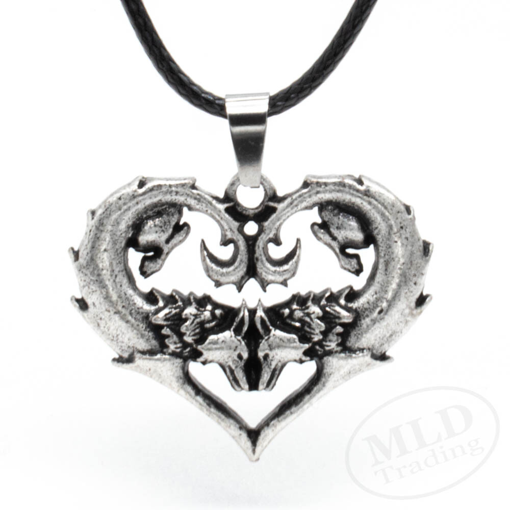 Silver Zinc Alloy Wolf Wolves Love Heart Pendant Necklace For Women w Black Cord