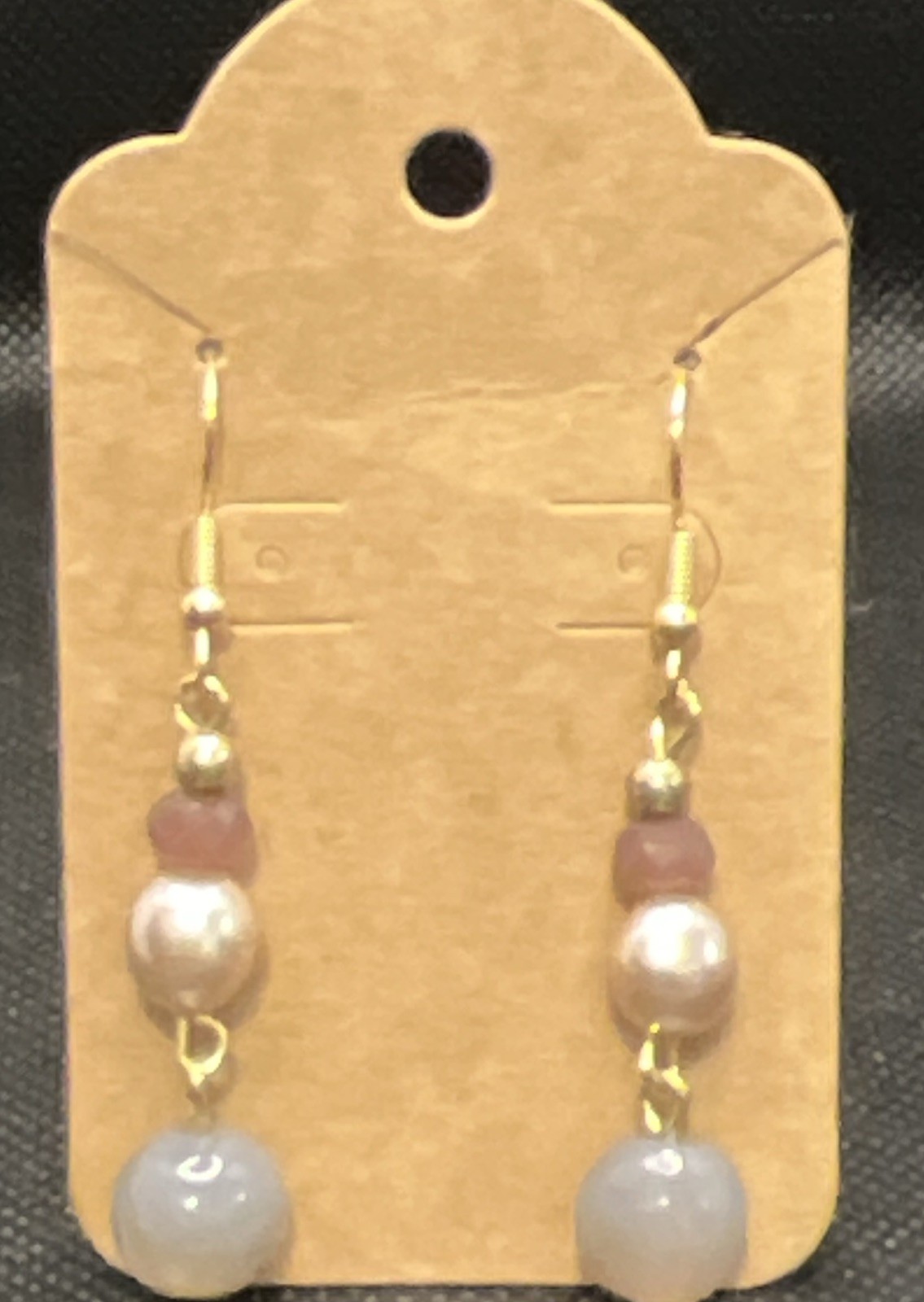 Gold Tone White Pearl & Pink Blue Beaded Dangle Drop Hook Earrings for Lobe