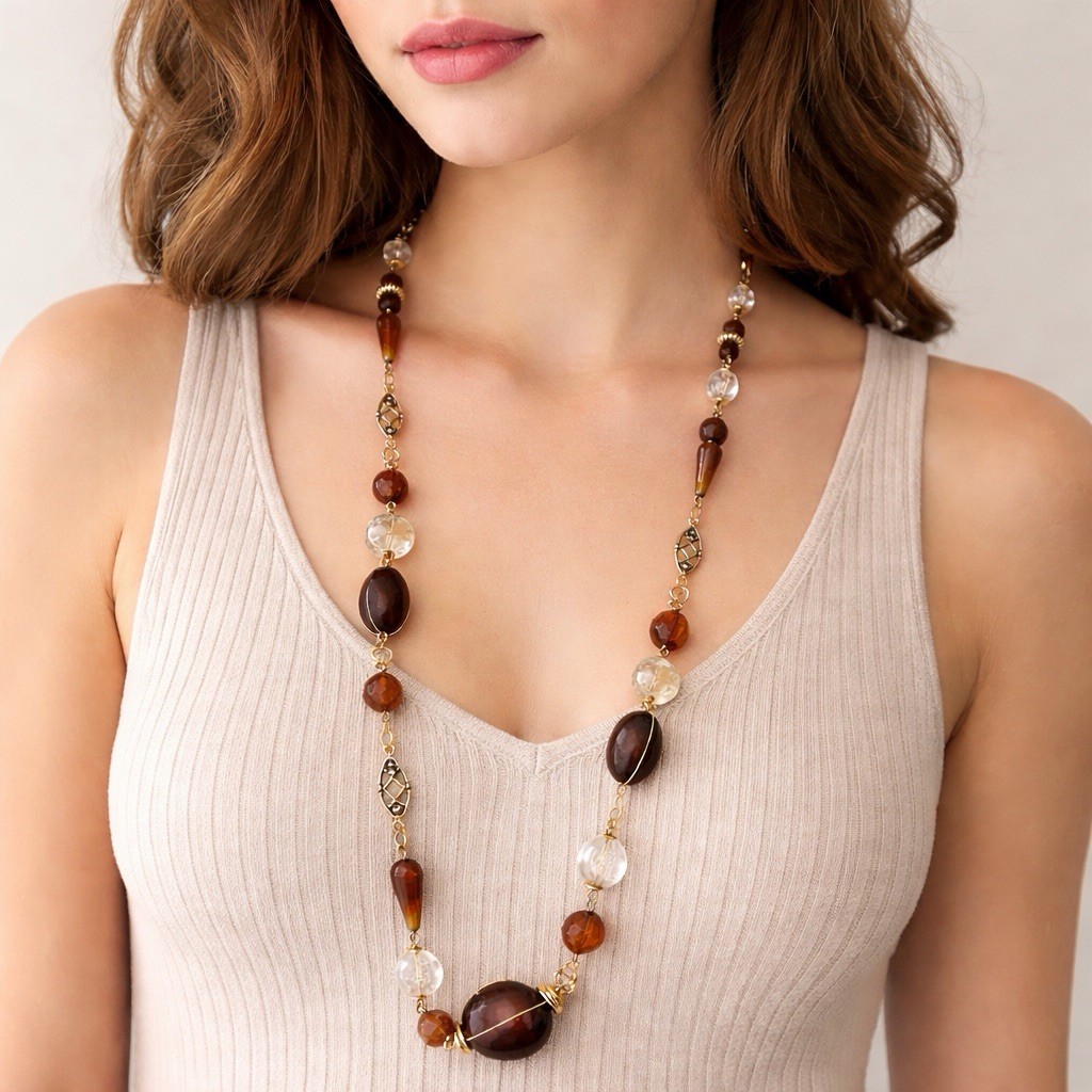Italy Express 36” Long Beaded Necklace Gold Tone Mixed Materials Statement