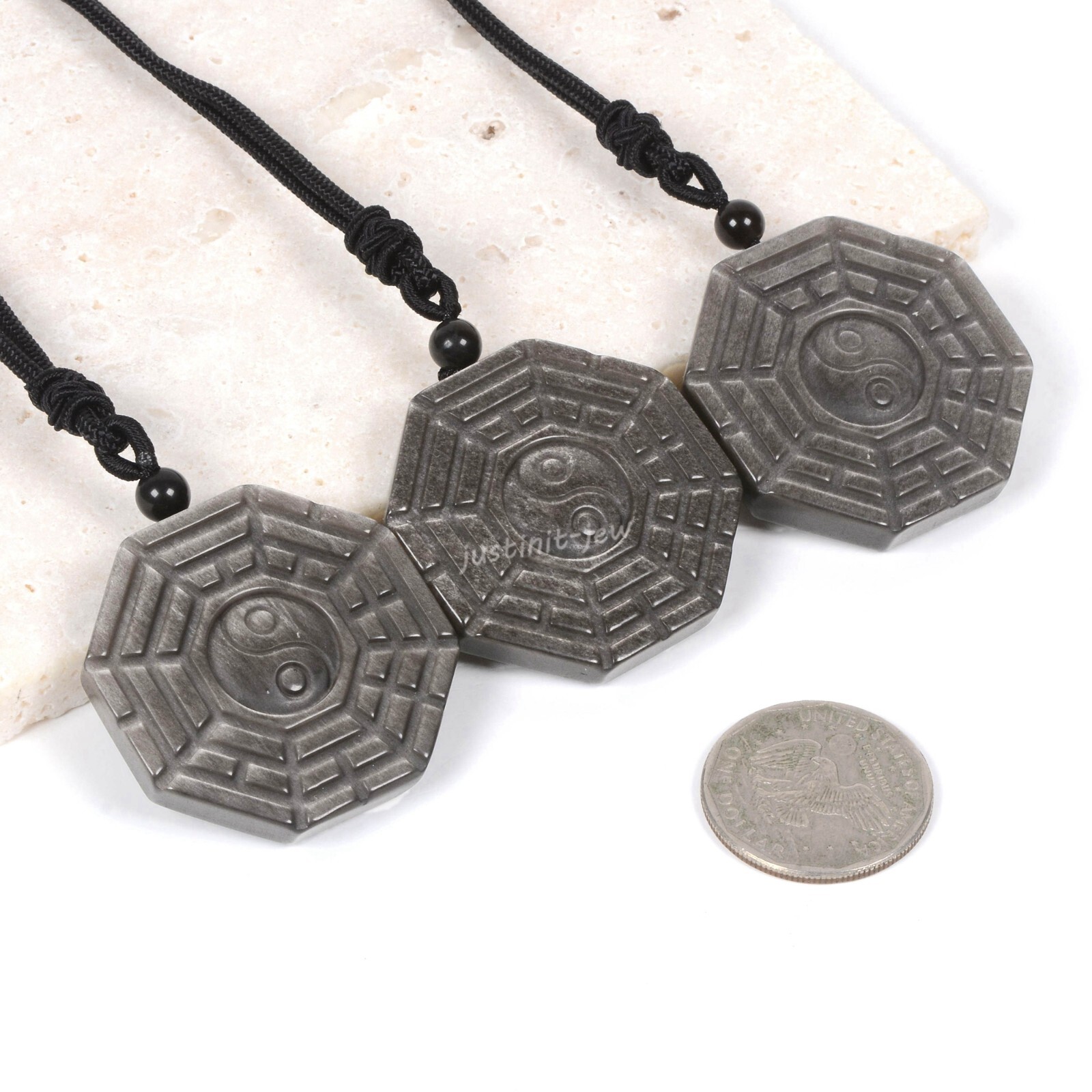 40mm Silver Obsidian bagua Chakra Pendant Adjustable Necklace 16-26 inch