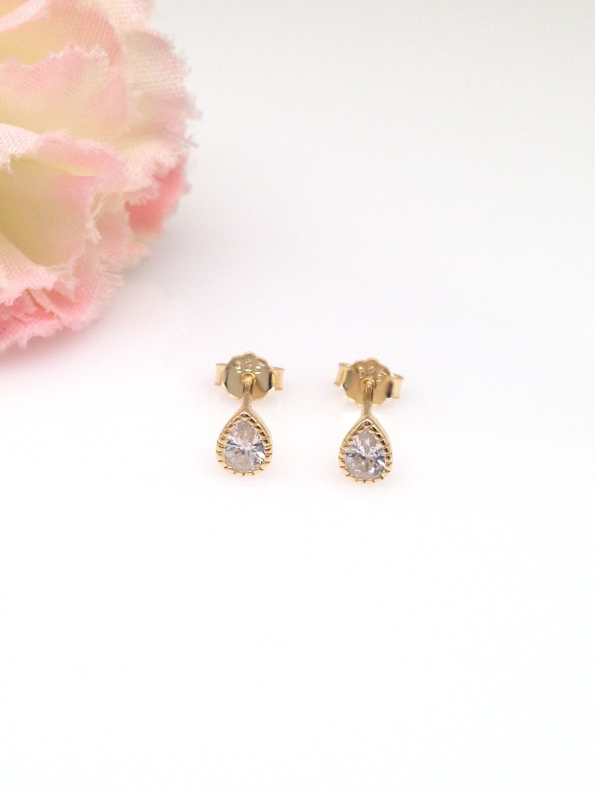 925 Sterling Silver CZ Teardrop Stud Earrings Women Girl Dainty Gold Studs 4.5mm