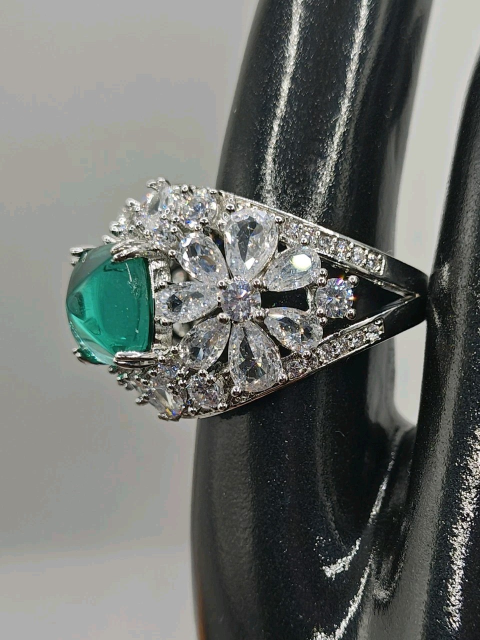 Simulated Green Paraiba Tourmaline Flower Pear Cubic Zirconia Ring Size 10.5