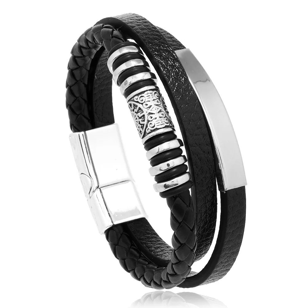 Men Jewelry Black Braided Leather Bracelet Multi-Layer Stainless Steel Clasp A
