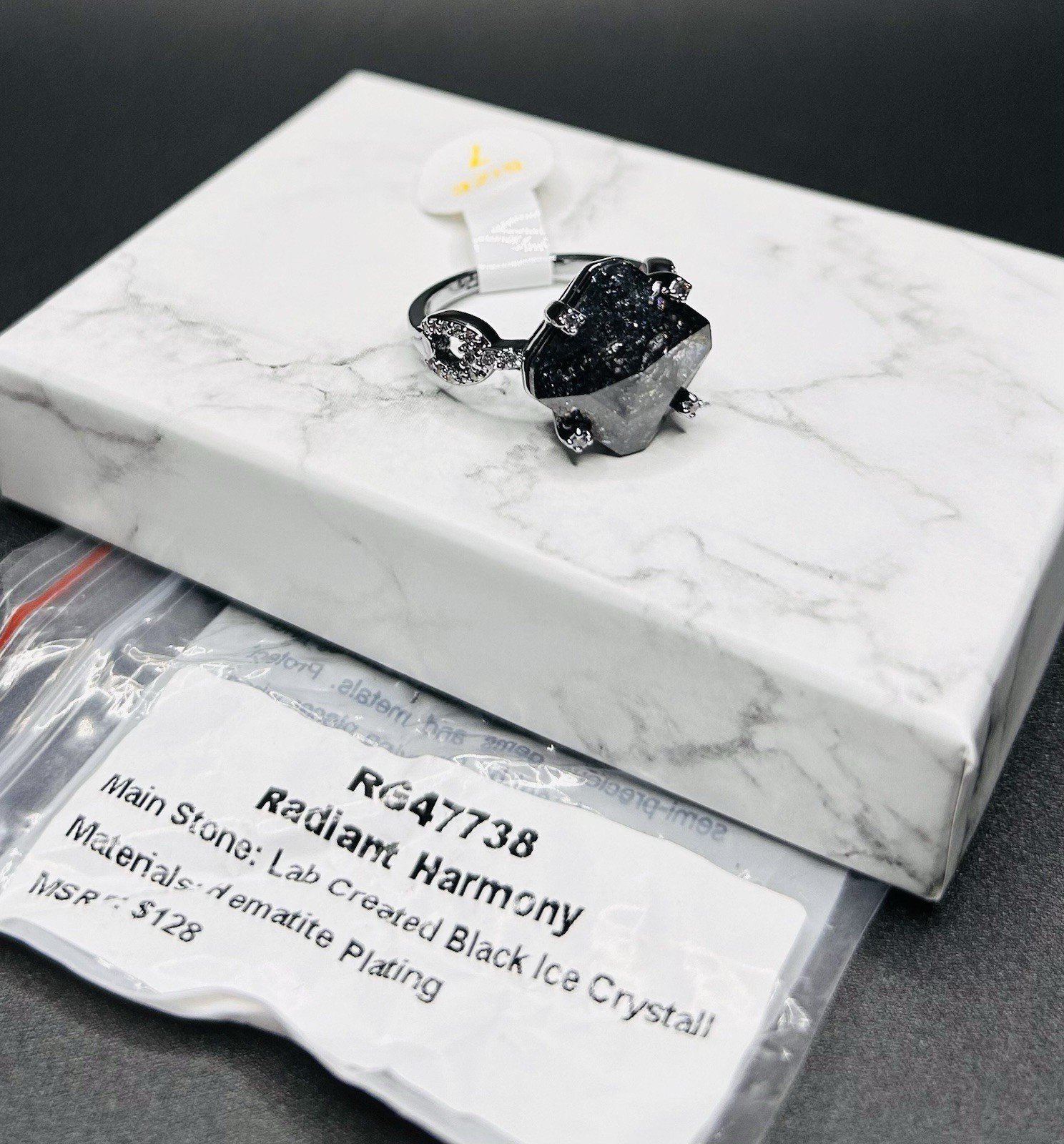 Bomb Party Ring Sz 7 “Radiant Harmony” LC Black Ice Crystal on Hematite Plating