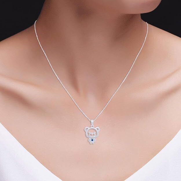 Teddy Bear Pendant 18″ Necklace 925 Sterling Silver Simulated Blue Topaz