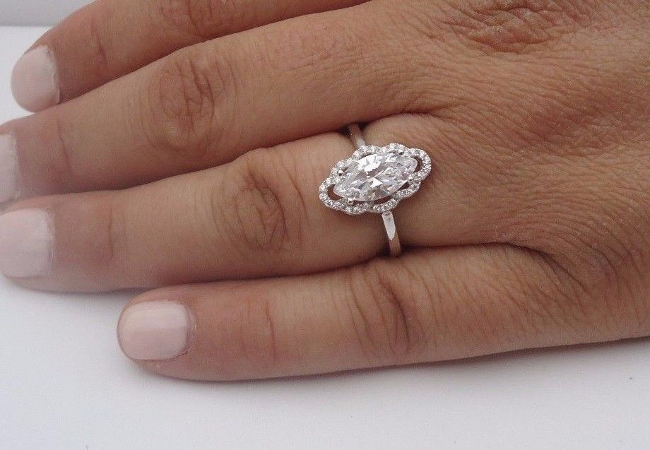 MARQUISE CENTER BRIDAL RING W/ 3 CTS LAB CREATED ACCENT / 925 STERLING SILVER