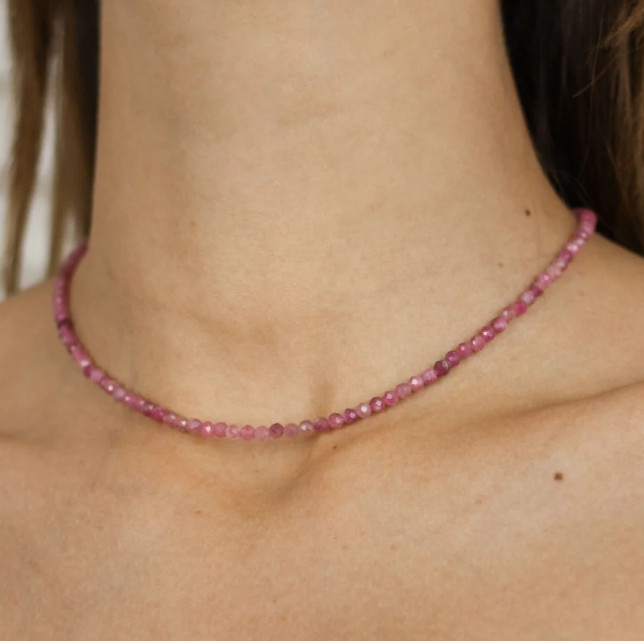Pink Tourmaline 2mm Crystal Gemstone Beads Minimalist Dainty Choker Necklace