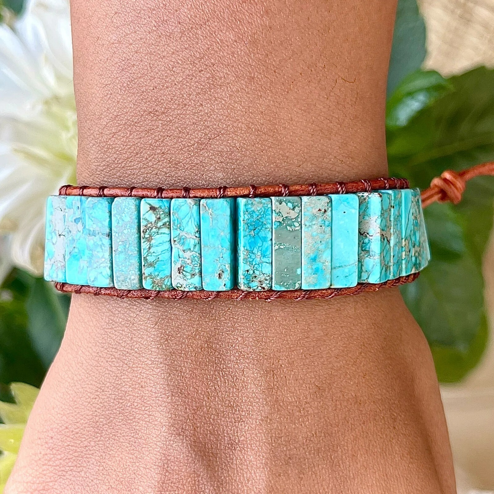 Natural Turquoise Leather Boho Handmade Healing Meditation Women Wrap Bracelet