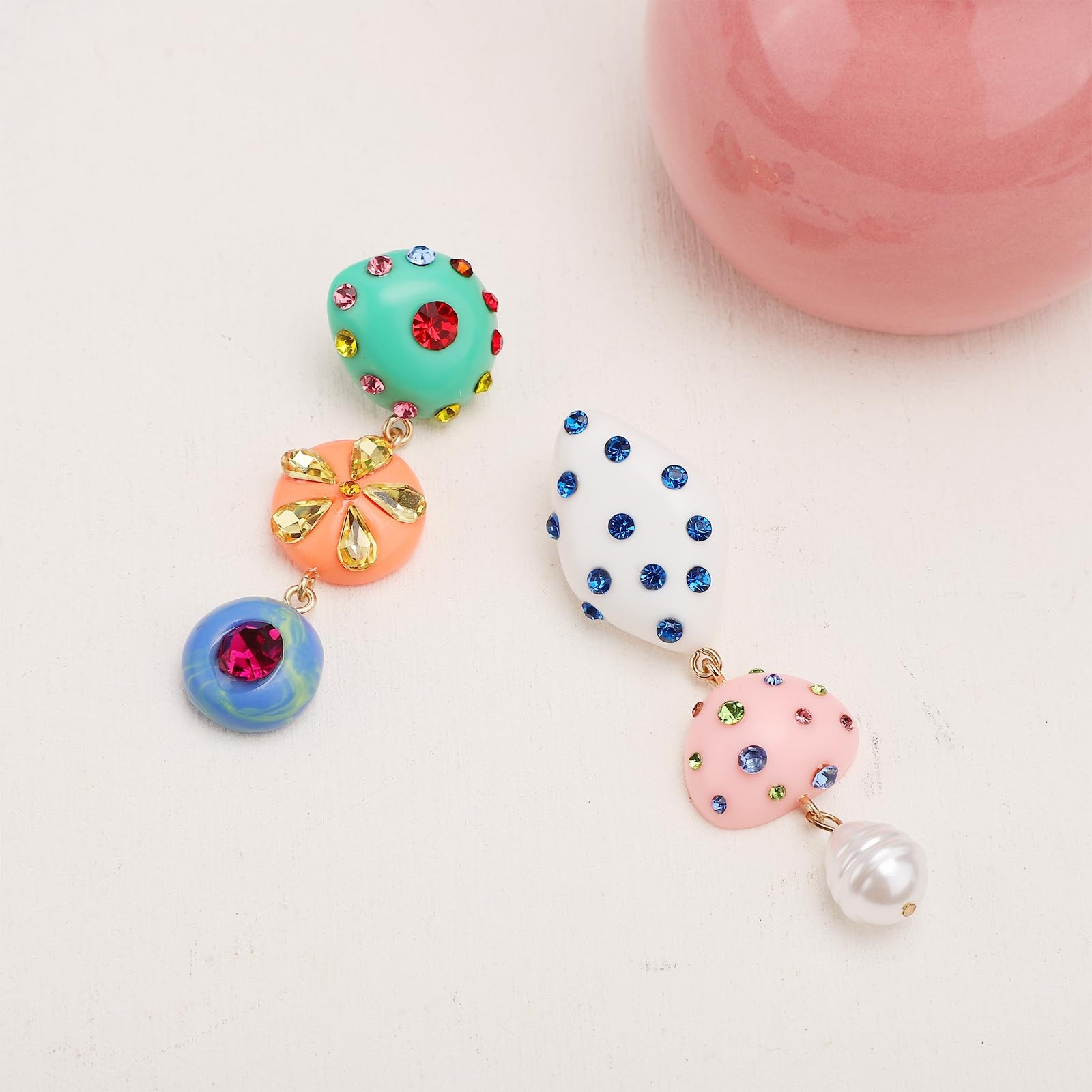 Mikovivi Asymmetrical Dangle Earrings, Multicolored, Rhinestones & Resin,