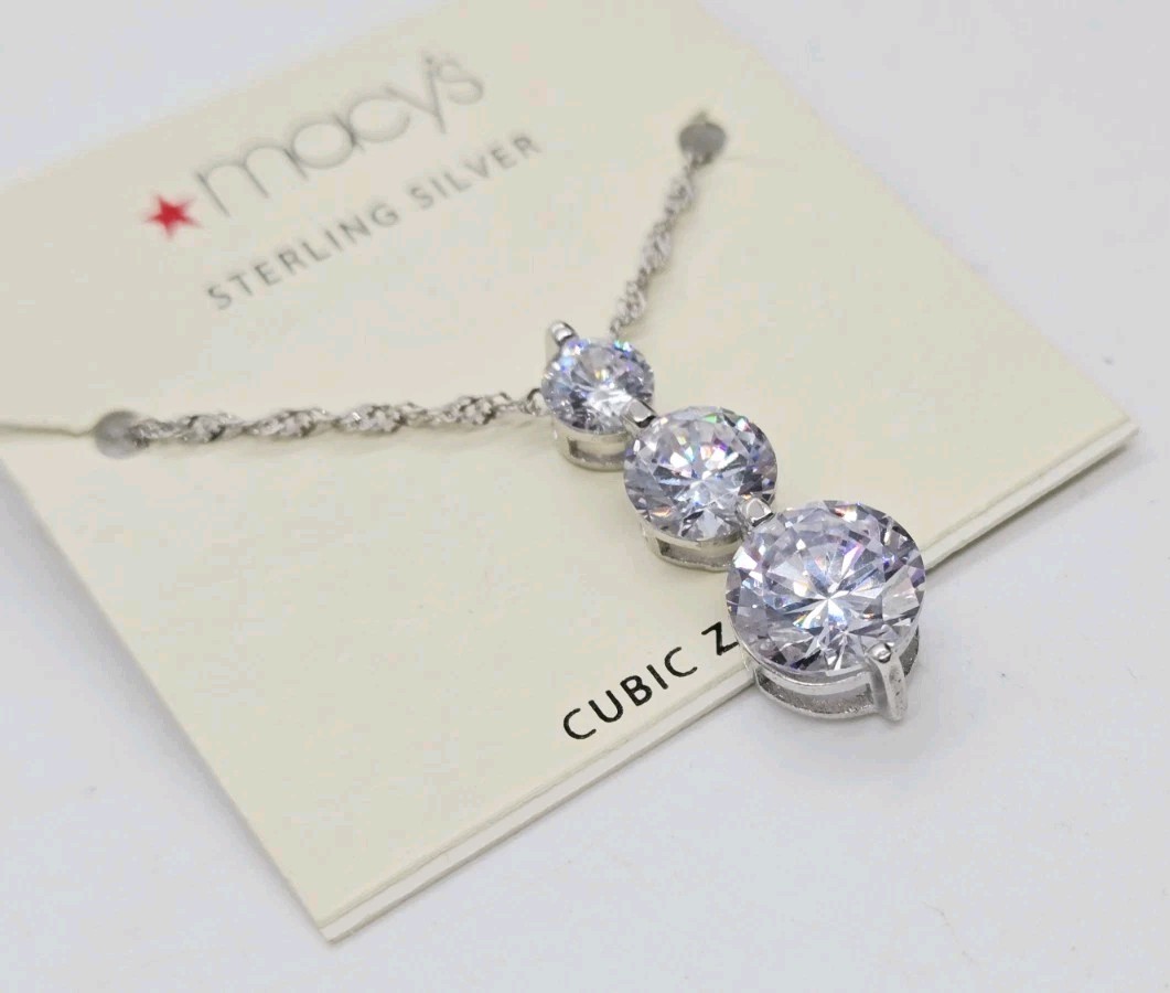 Sterling Silver 925 Pendant Necklace 3 Round Cubic Zirconia Stone Drop CZ 17 in