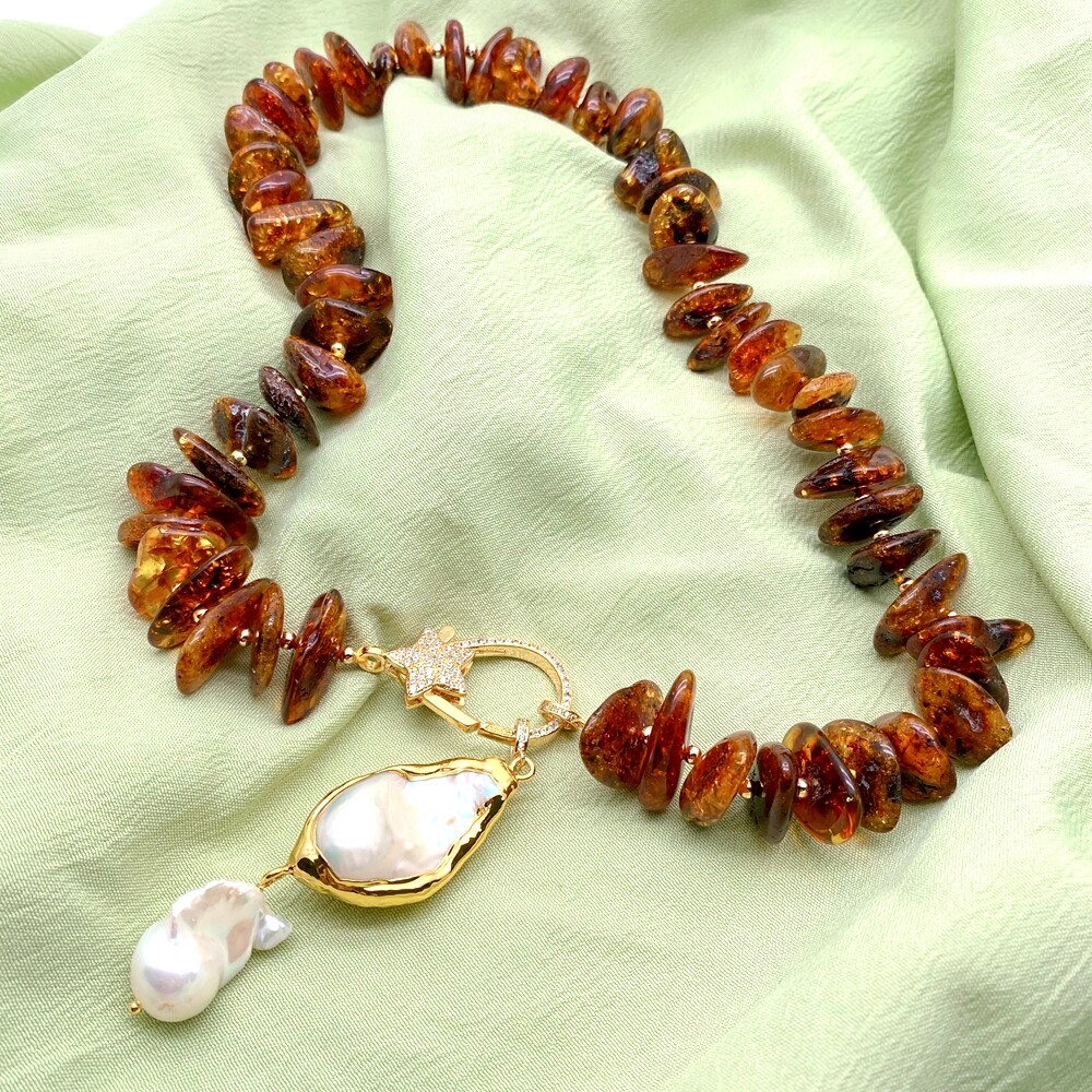 Natural Amber Necklace Cultured White Baroque Pearl Pendant