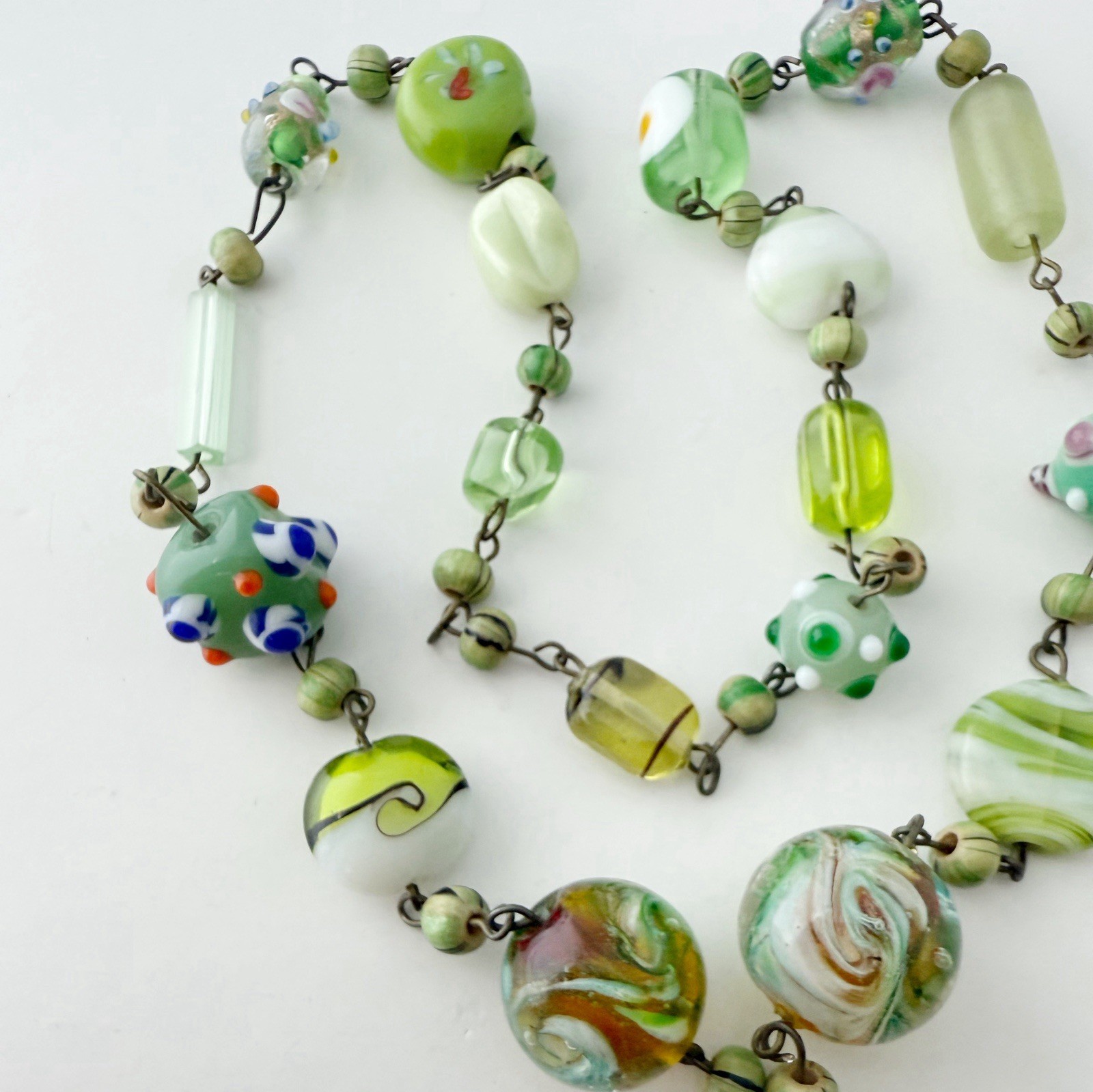 Vintage Green Multicolor Lampwork Art Glass Beaded Heart Drop Necklace