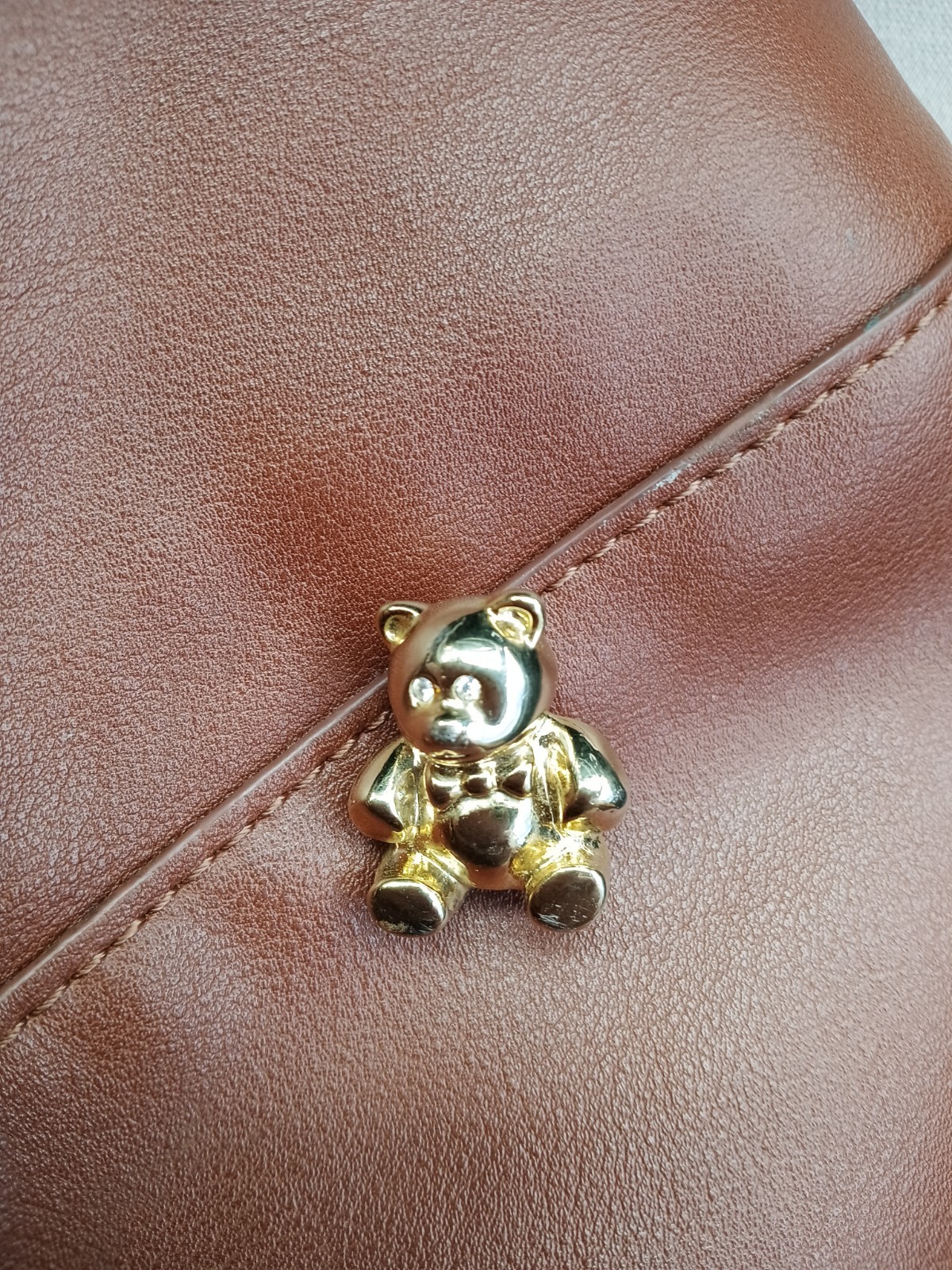 Gold Tone Teddy Bear Brooch Rhinestone eyes
