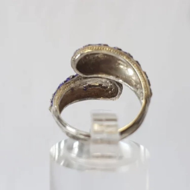 Vintage Ring silver 925 intricately crafted enamel Snake Victorian Style Blue