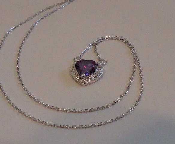 HEART NECKLACE PENDANT W/ LAB DIAMONDS & AMETHYST / 925 STERLING SILVER /18”