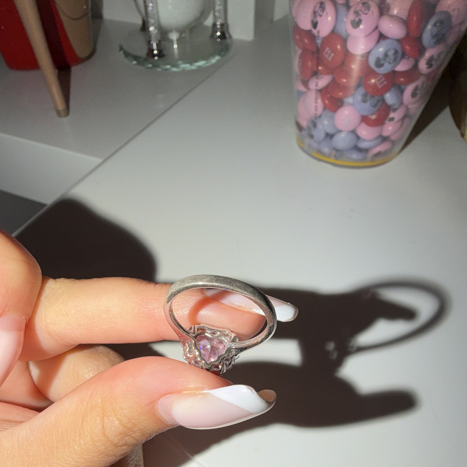 Silver Tone Pink Heart Stone Halo Prong Set Cocktail Ring Size 7