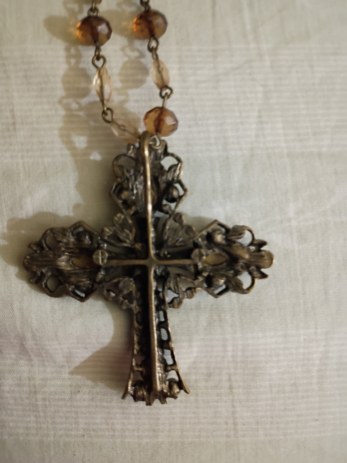 Brown Crystal Beaded Cross Pendant Necklace Cable Chain Metal Religious