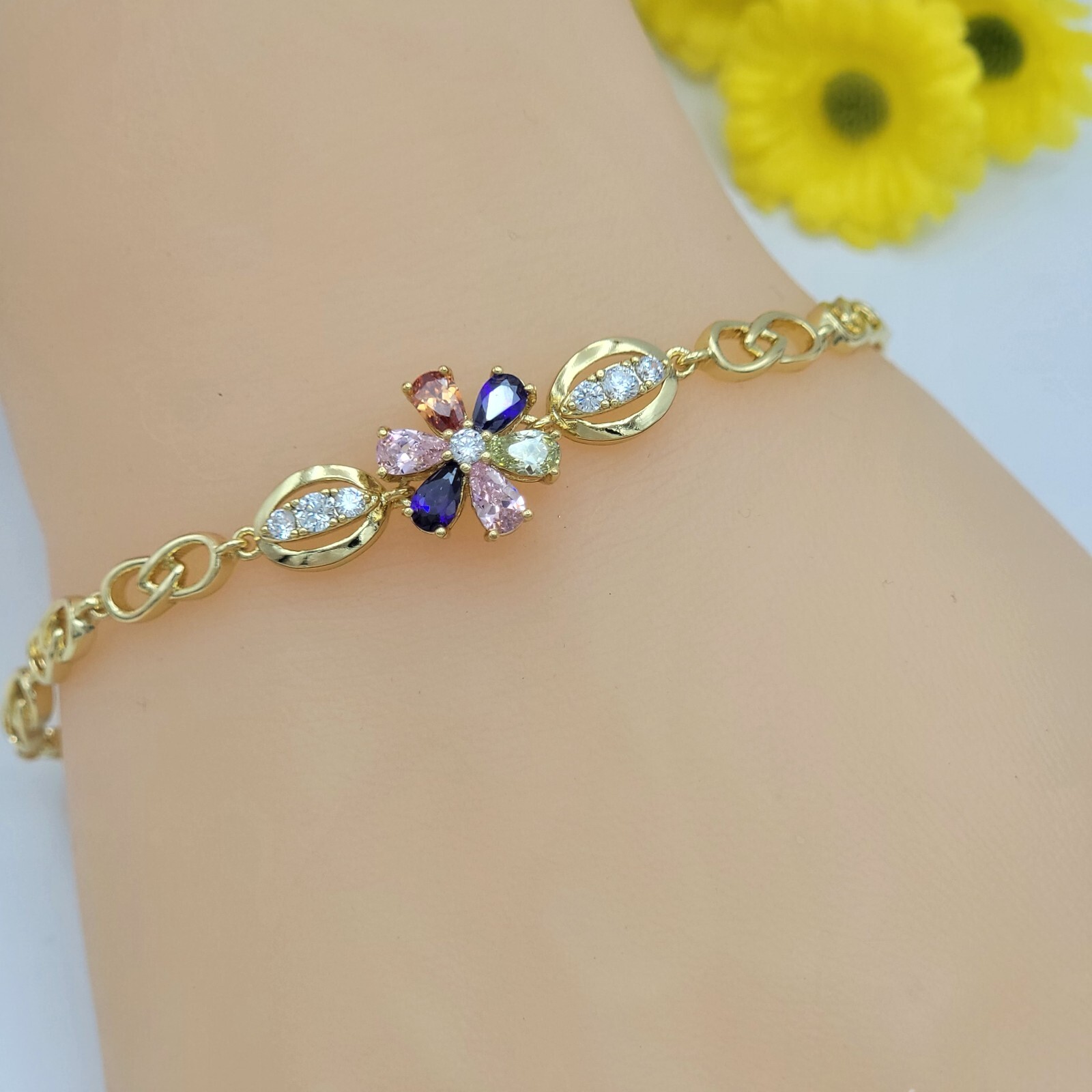 Woman 14K Gold Plated Multicolor Crystals Flower Bracelet Oro Laminado