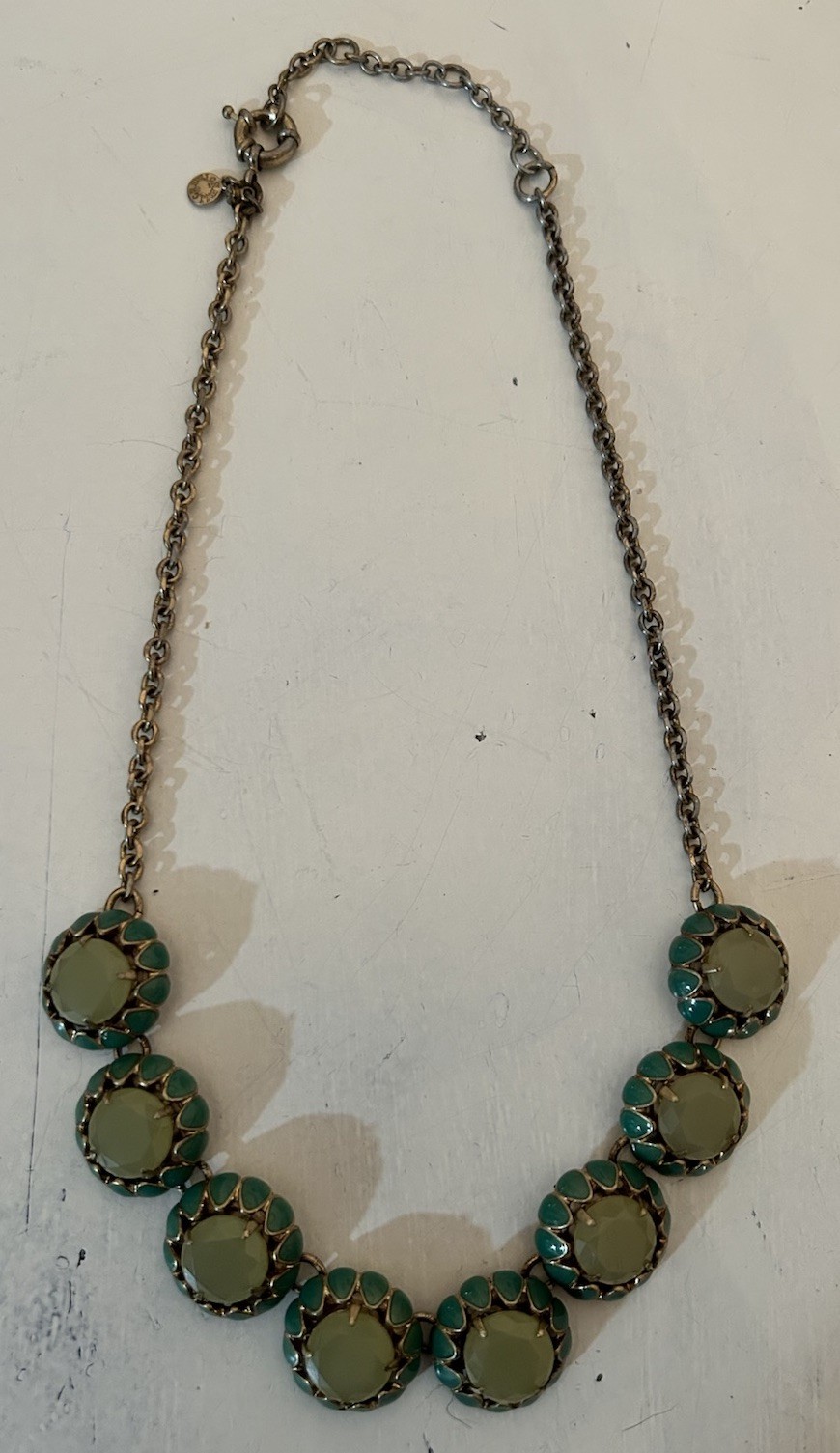 J Crew Scalloped Cupcake Necklace Green Stones & Enamel Gold Toned Metal